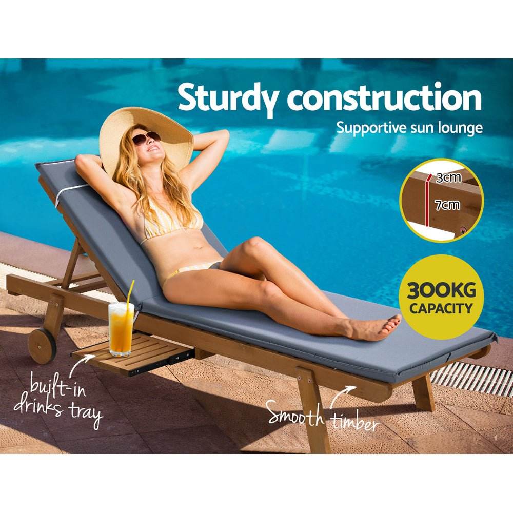 Gardeon 2x Sun Lounge Wooden Lounger Outdoor Furniture Day Bed Wheel Patio Grey - Outdoorium