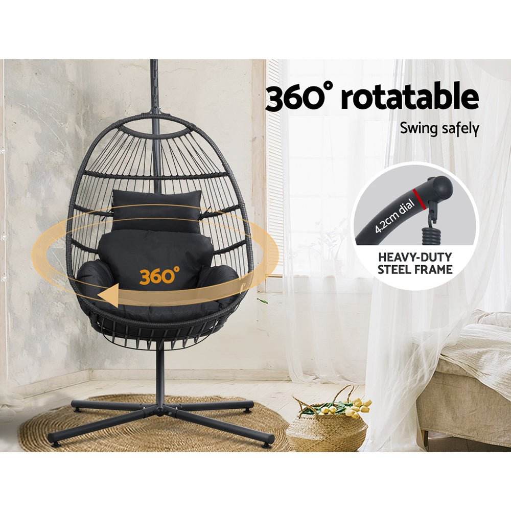 Gardeon Outdoor Egg Swing Chair Wicker Rattan Furniture Pod Stand Cushion Black - Outdoorium