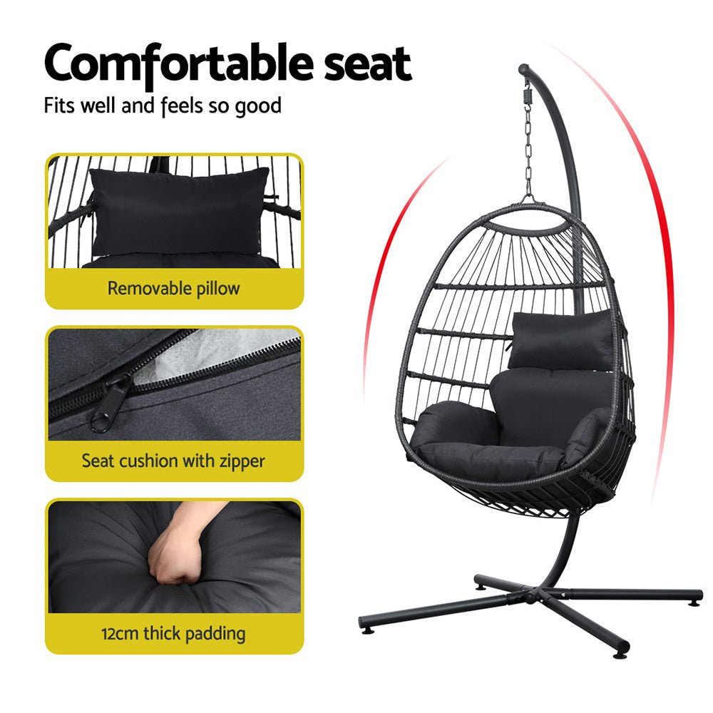 Gardeon Swing Chair Egg Hammock With Stand Outdoor Furniture Wicker Seat Black - Outdoorium