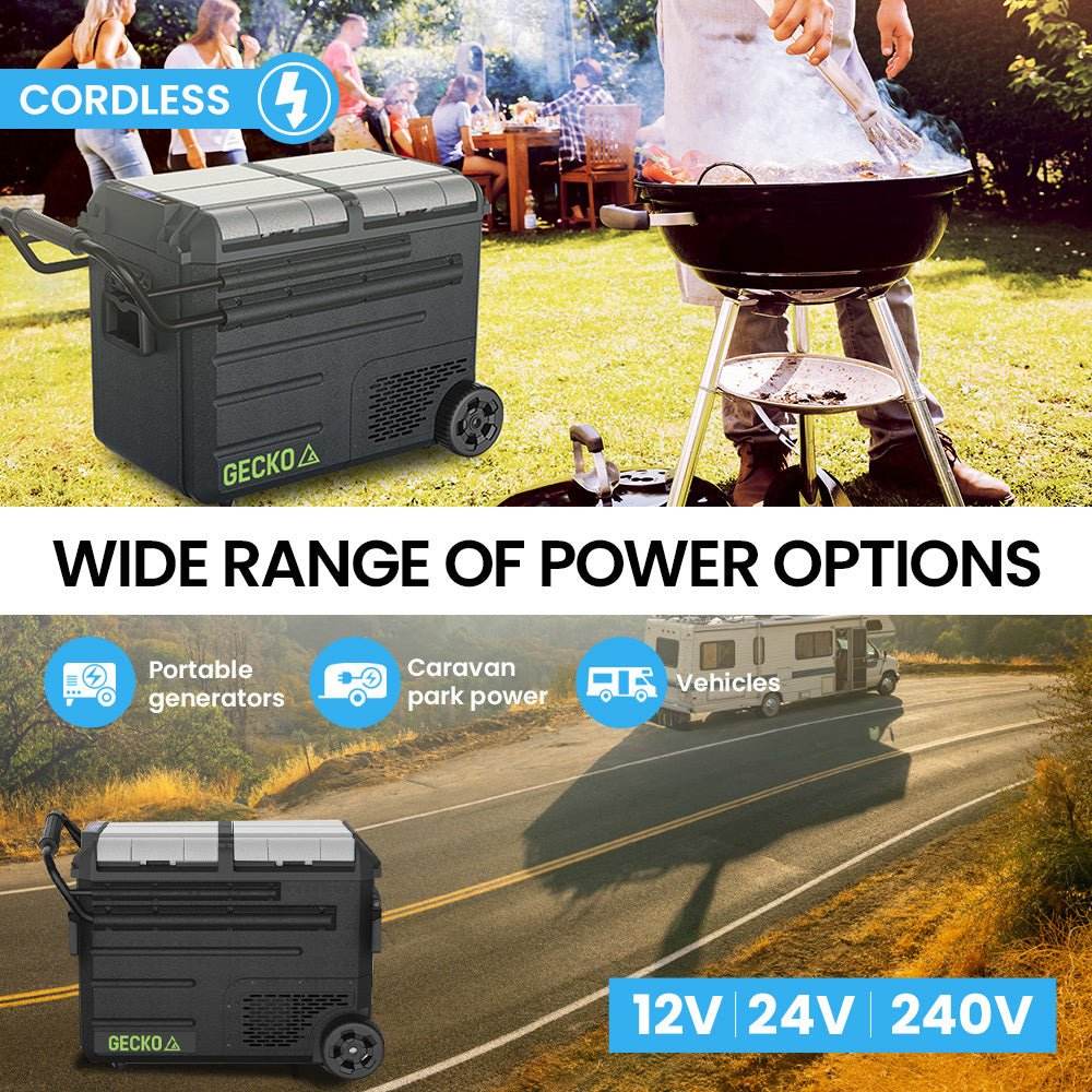 Gecko 55L Dual Zone Portable Fridge Freezer with onboard Lithium Battery, 12V/24V/240V, with 2 Doors, Wheels, for Camping, Car, Outings - Outdoorium