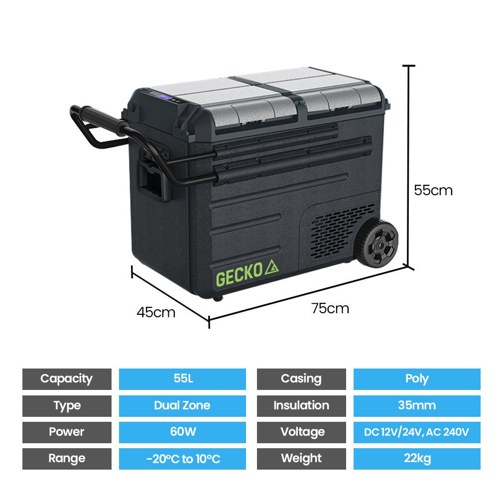 Gecko 55L Dual Zone Portable Fridge Freezer with Lithium Battery. Perfect for Camping Trips &amp; Outdoor Adventures - Outdoorium