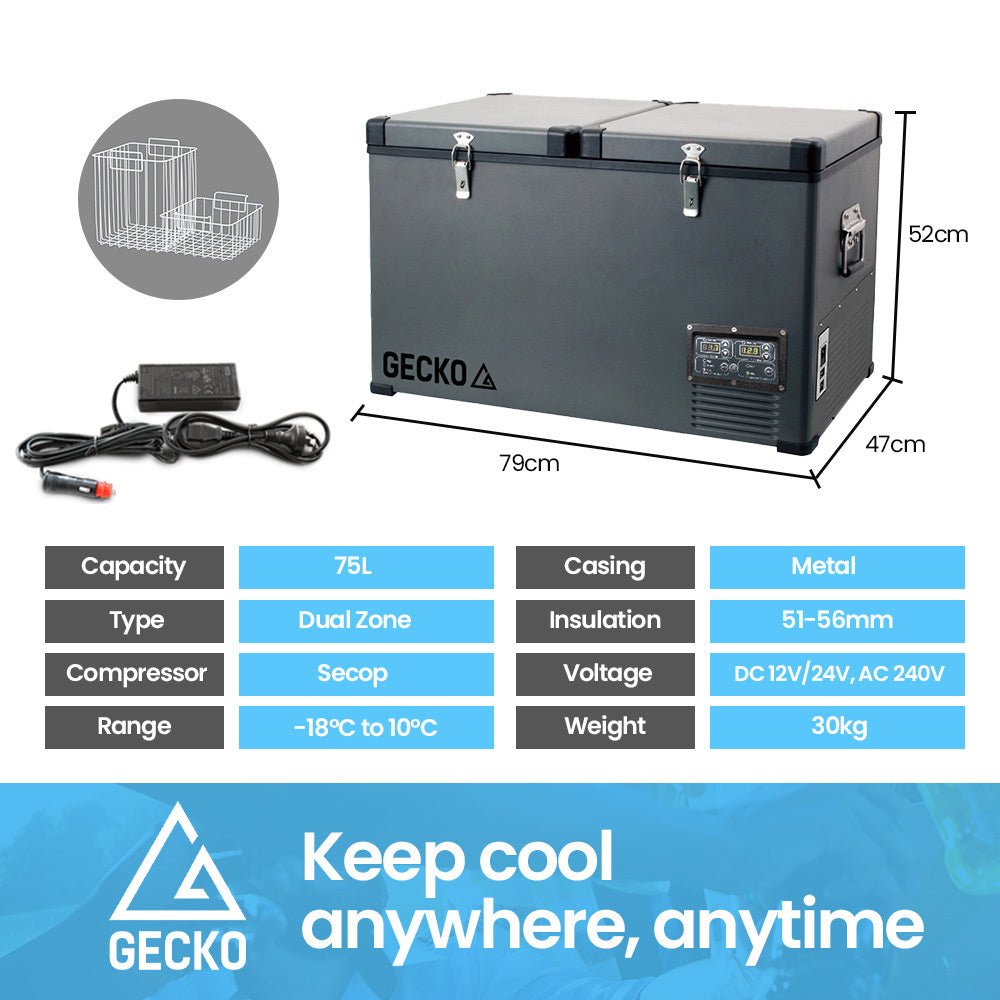 GECKO 75L Dual Zone Portable Fridge / Freezer, SECOP Compressor, for Camping, Car, Caravan - Outdoorium