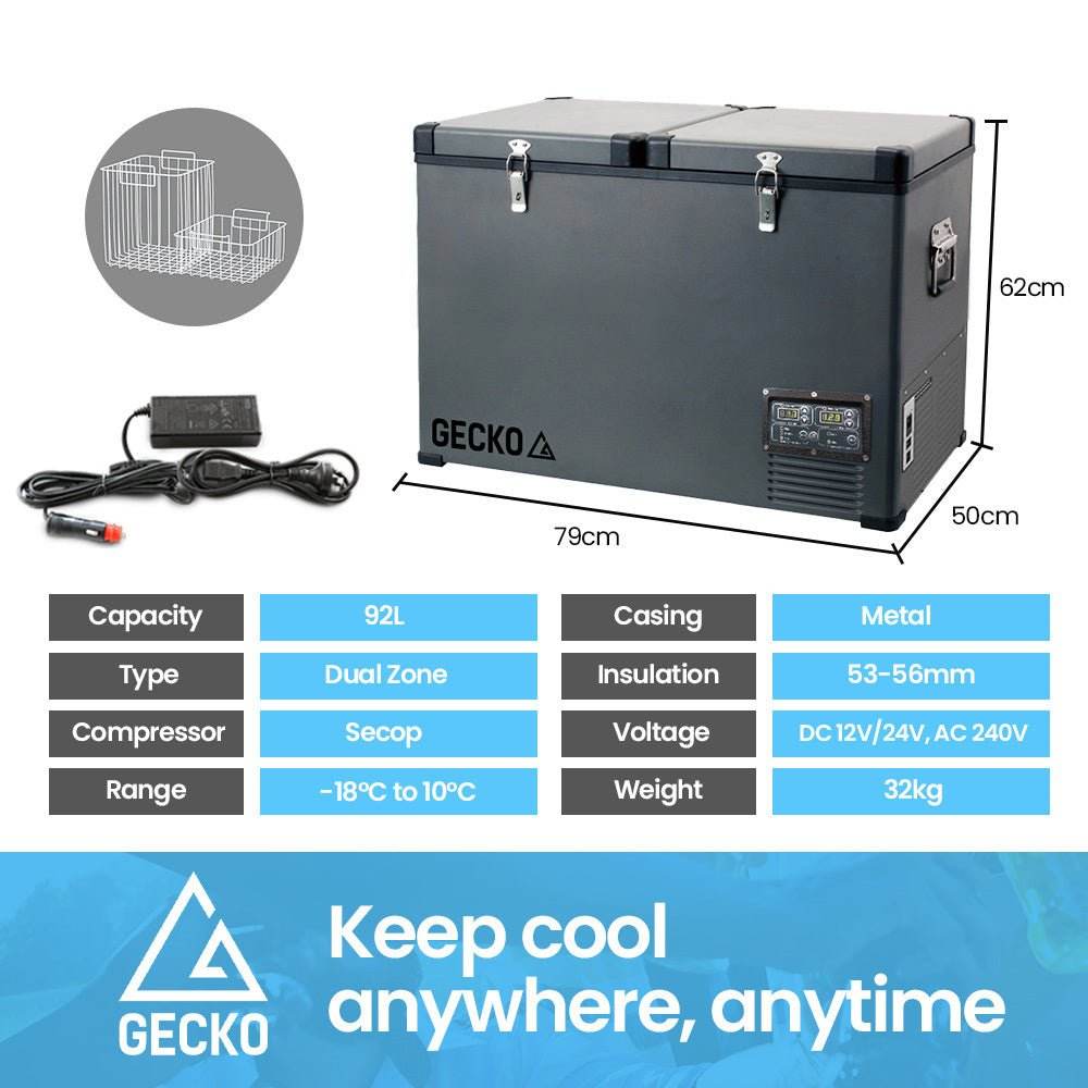GECKO 92L Dual Zone Portable Fridge / Freezer, SECOP German Brand Compressor, for Camping, Car, Caravan - Outdoorium