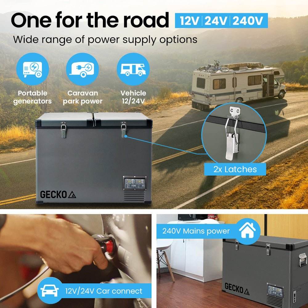 GECKO 92L Dual Zone Portable Fridge / Freezer, SECOP German Brand Compressor, for Camping, Car, Caravan - Outdoorium