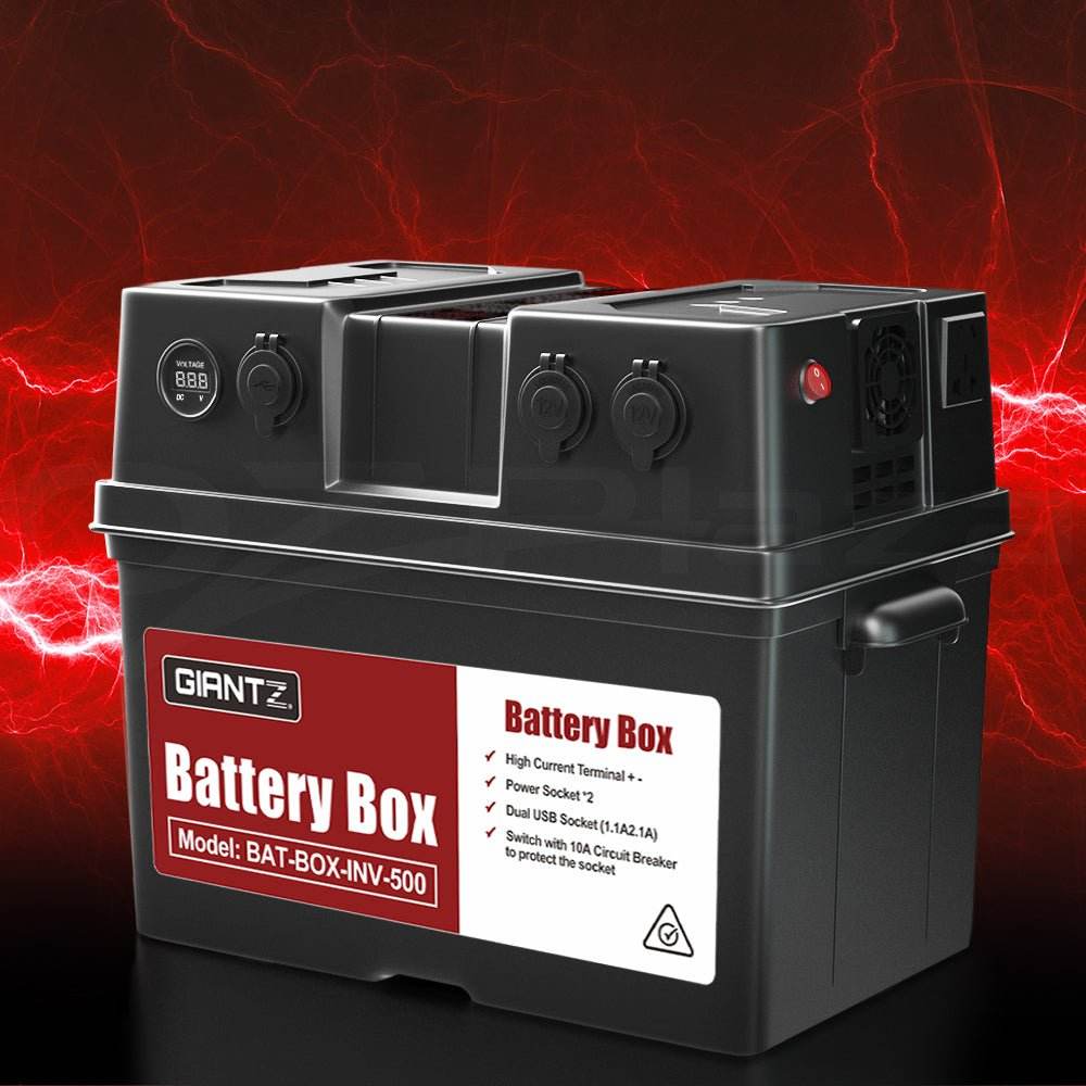 Giantz Battery Box 500W Inverter Deep Cycle Battery Portable Caravan Camping USB - Outdoorium