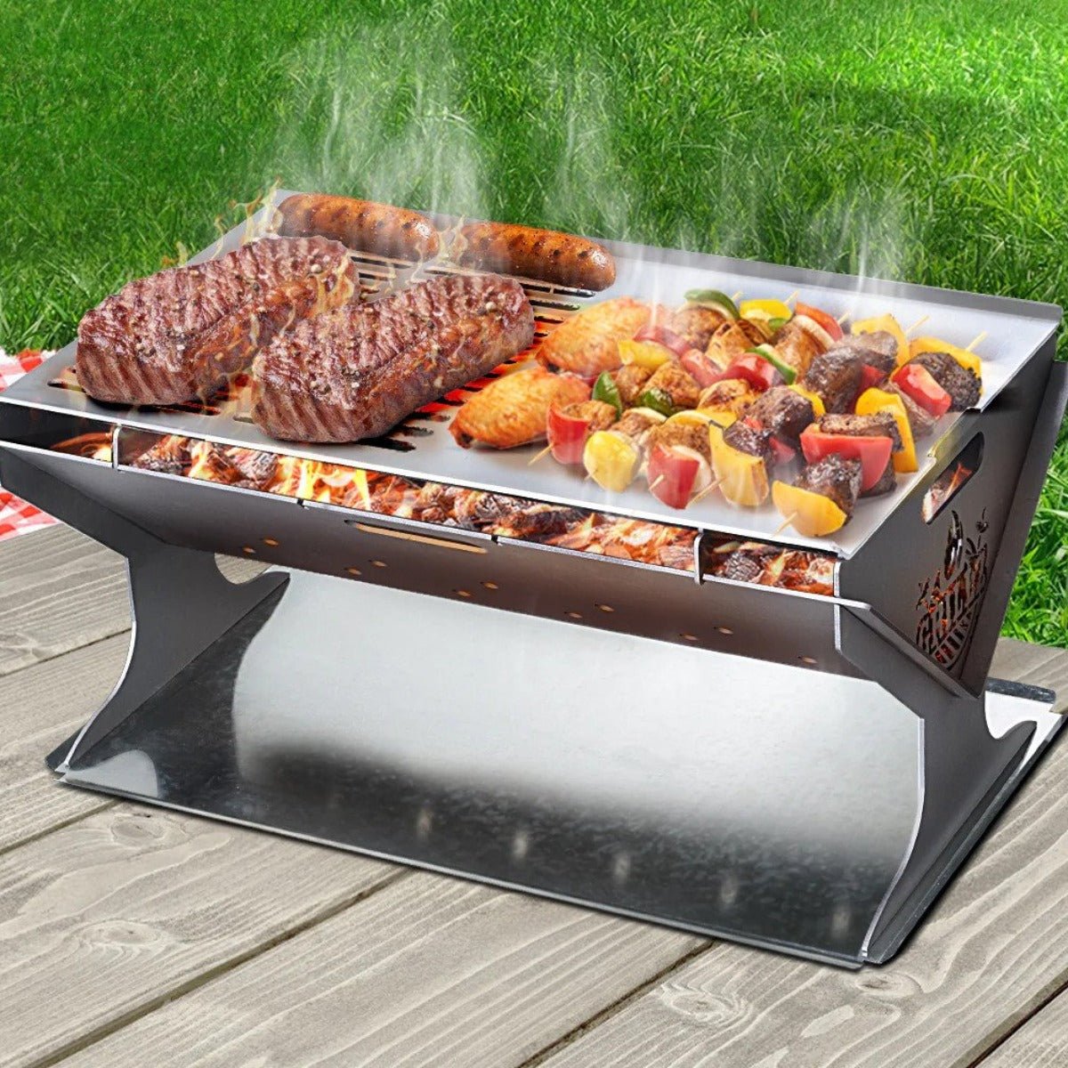 Grillz Fire Pit BBQ Outdoor Camping Portable Patio Heater Folding Packed Steel - Outdoorium