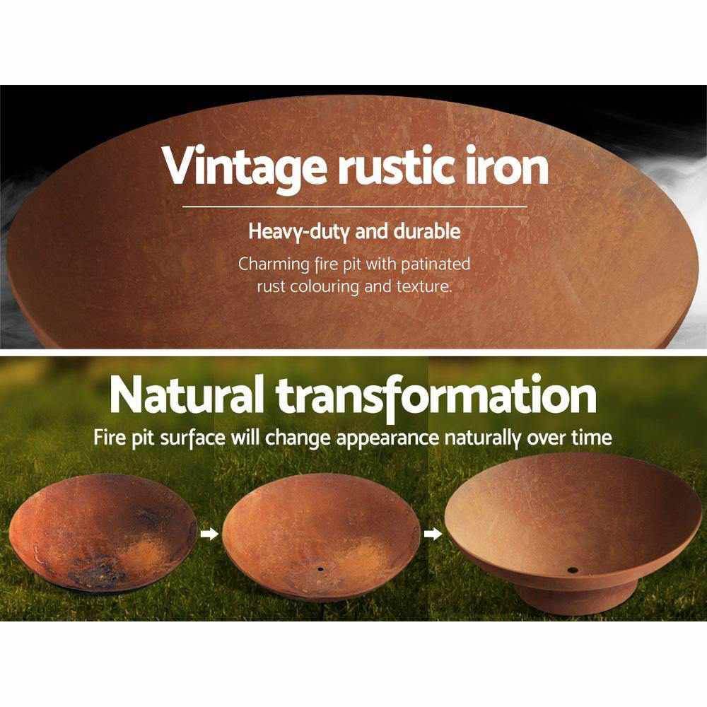 Grillz Fire Pit Charcoal Vintage Campfire Burner Rust Outdoor Steel Bowl 70CM - Outdoorium
