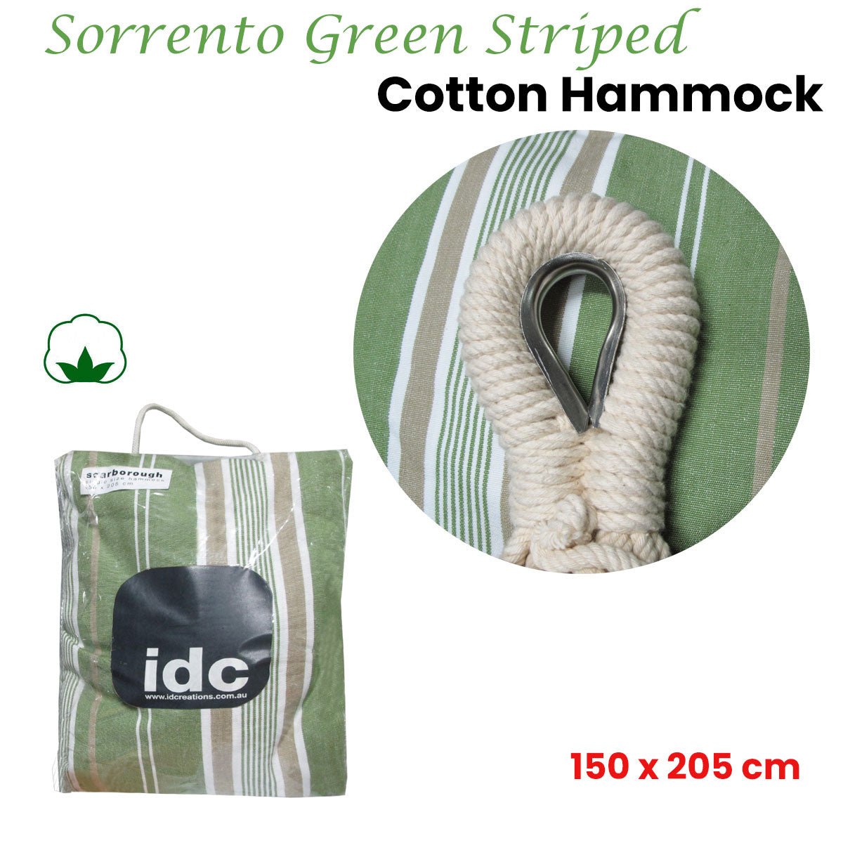 IDC Homewares Sorrento Green Striped Single Size Cotton Hammock 150 x 205 cm - Outdoorium