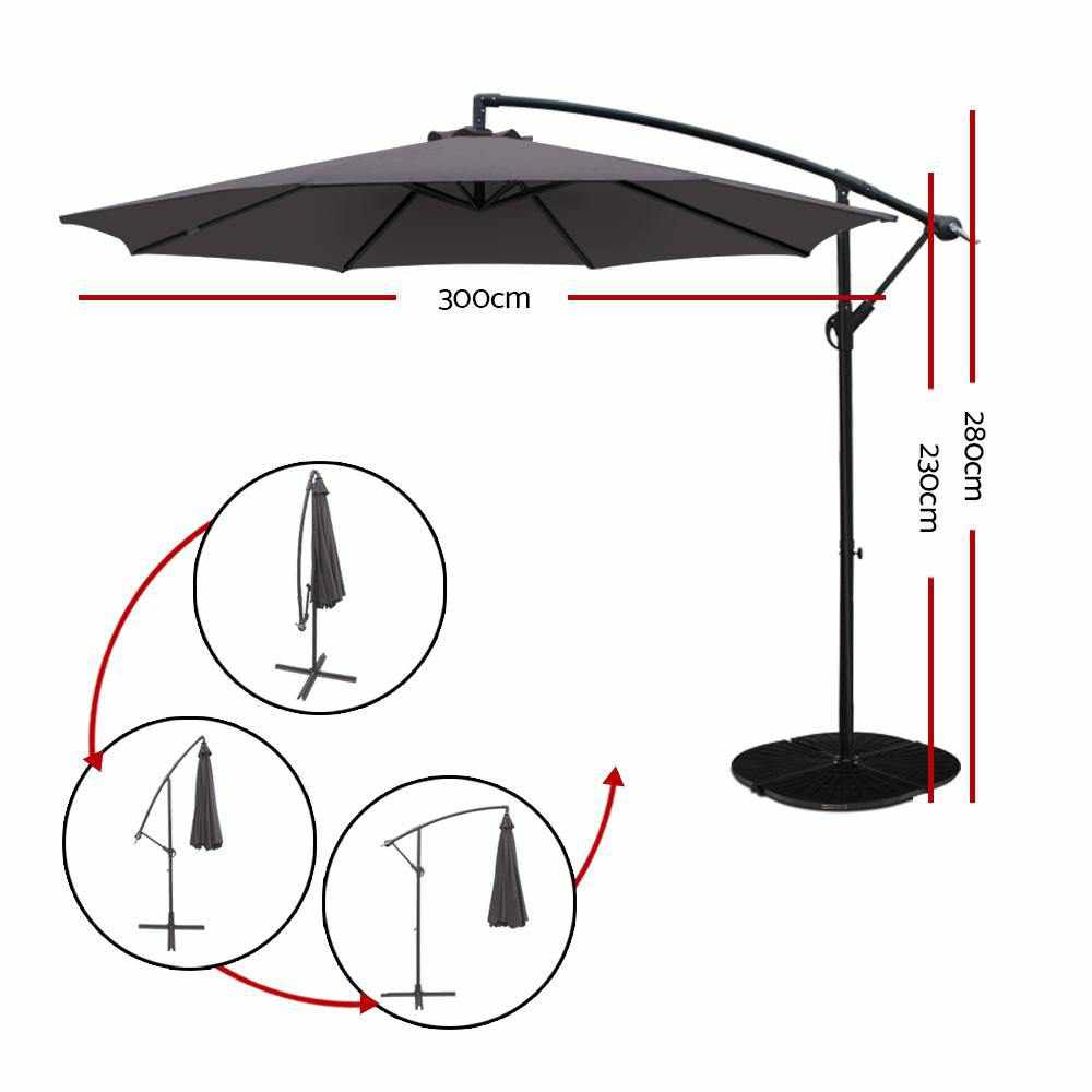 Instahut Outdoor Umbrella 3M Cantilever Beach Garden Patio Charcoal - Outdoorium