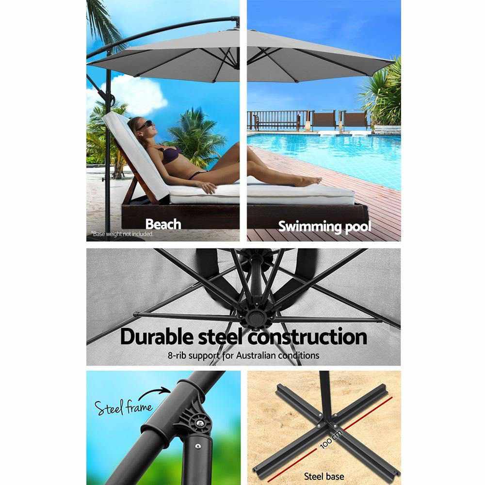 Instahut Outdoor Umbrella 3M Cantilever Beach Garden Grey - Outdoorium