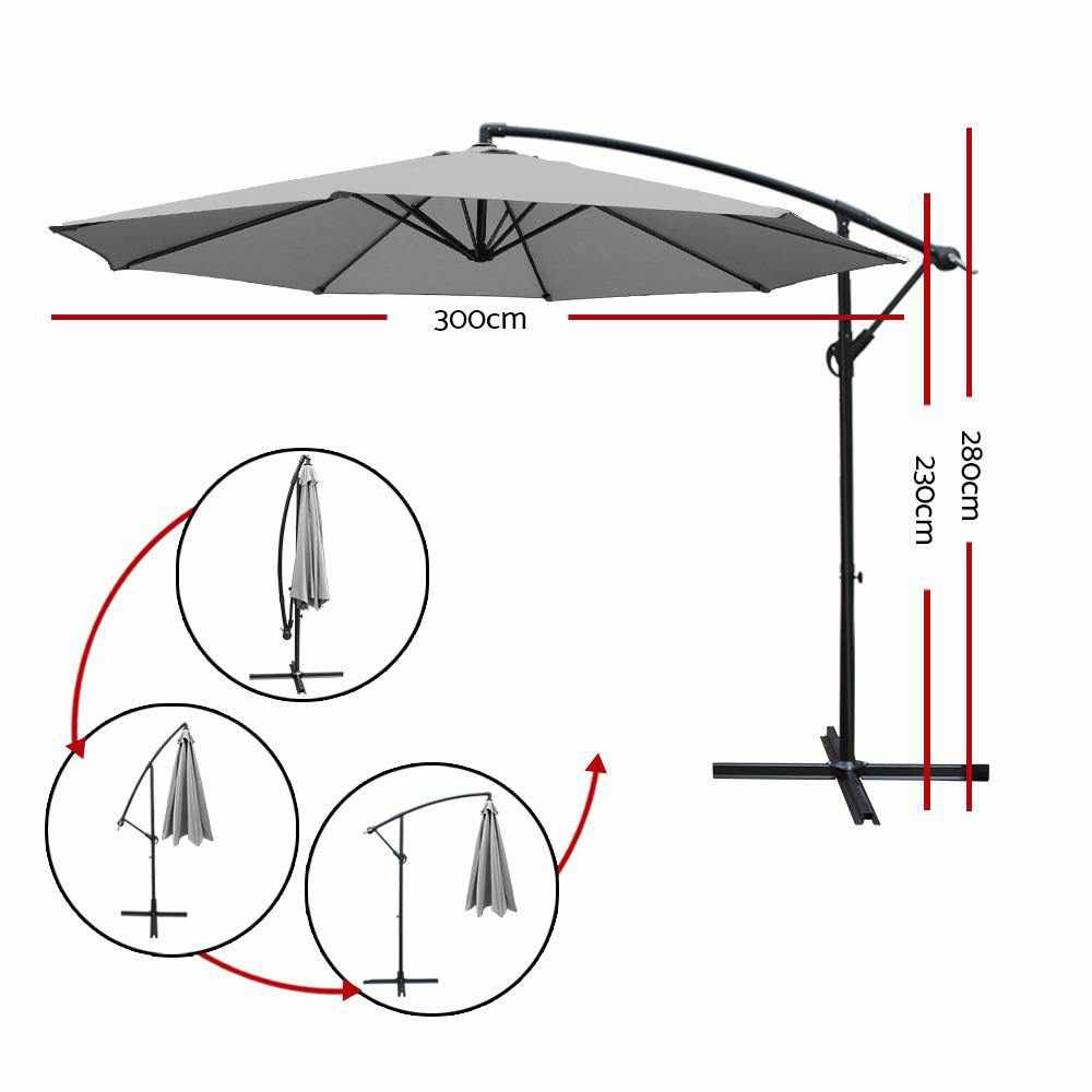 Instahut Outdoor Umbrella 3M Cantilever Beach Garden Grey - Outdoorium