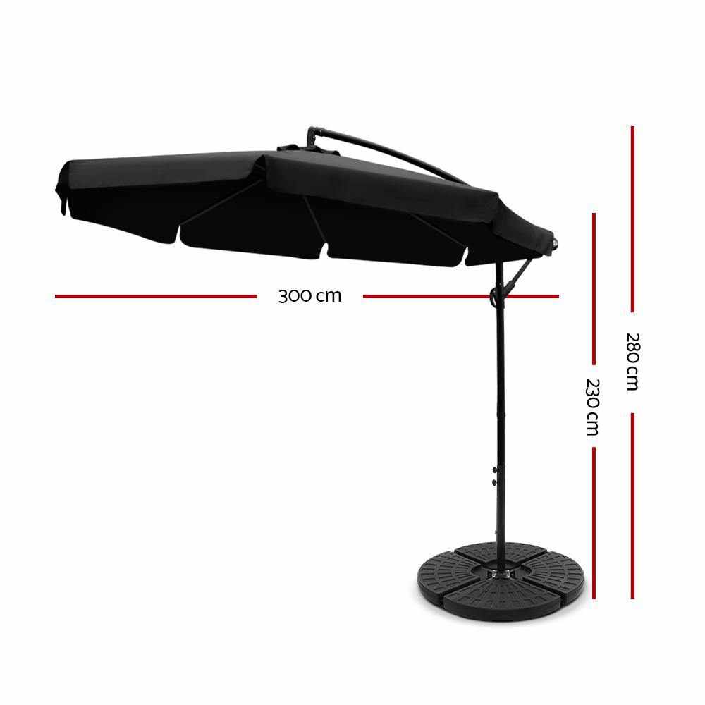 Instahut 3M Umbrella with 48x48cm Base Outdoor Umbrellas Cantilever Sun Beach UV Black - Outdoorium