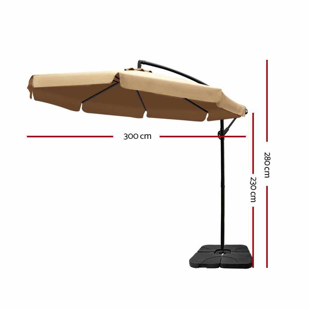 Instahut 3M Umbrella with 50x50cm Base Outdoor Umbrellas Cantilever Patio Sun Beach UV Beige - Outdoorium