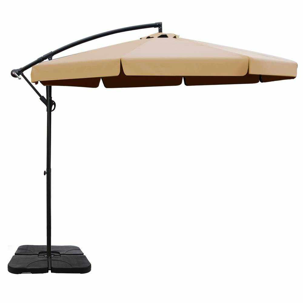 Instahut 3M Umbrella with 50x50cm Base Outdoor Umbrellas Cantilever Patio Sun Beach UV Beige - Outdoorium