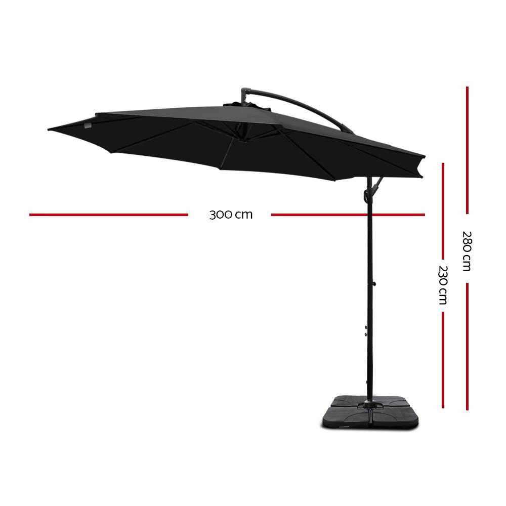 Instahut 3M Umbrella with 50x50cm Base Outdoor Umbrellas Cantilever Sun Stand UV Garden Black - Outdoorium