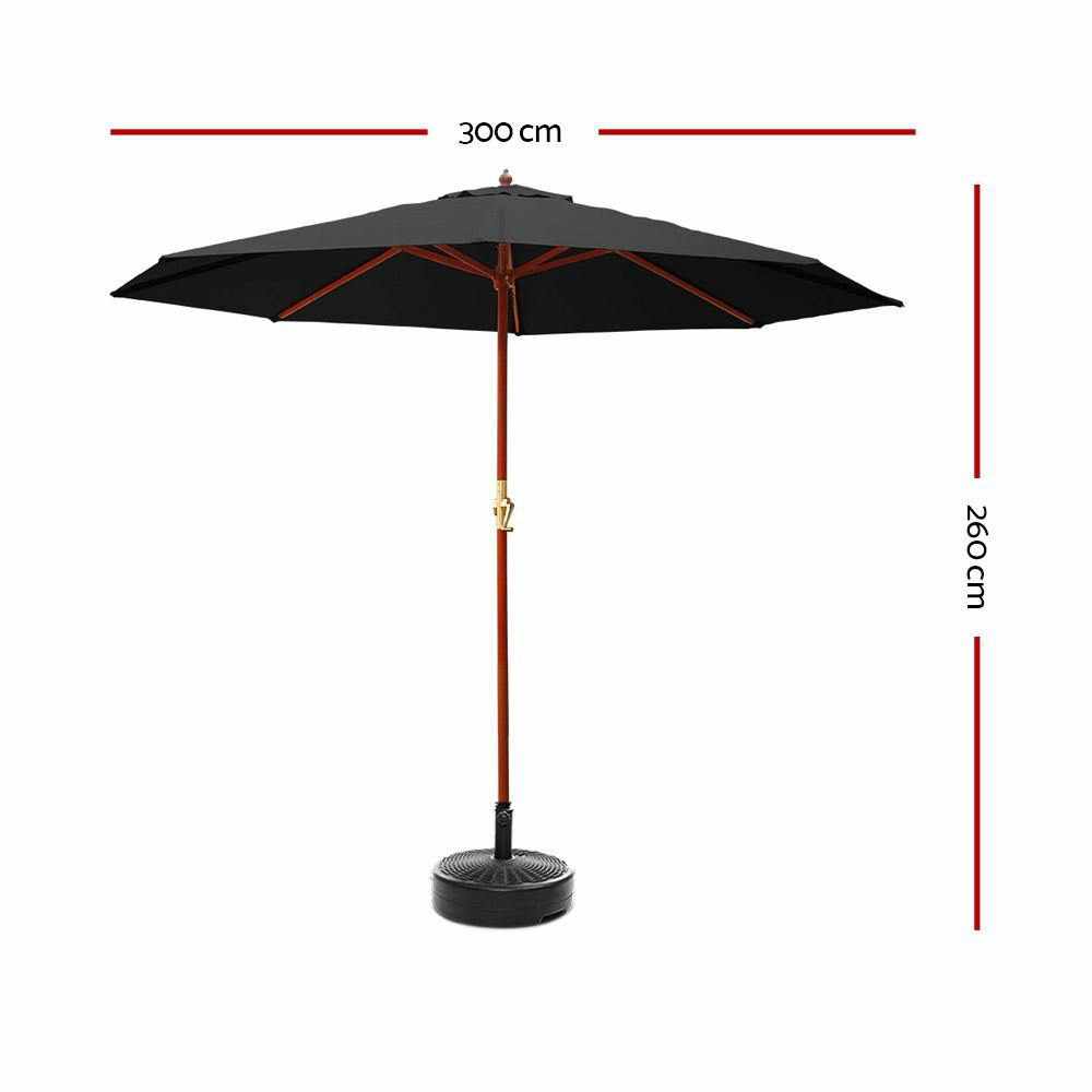 Instahut Outdoor Umbrella 3M with Base Pole Umbrellas Garden Stand Deck Black - Outdoorium