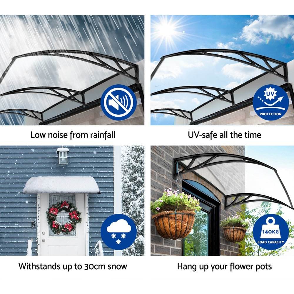 Instahut Window Door Awning Canopy 1mx2m Transparent Sheet Black Plastic Frame | Outdoorium