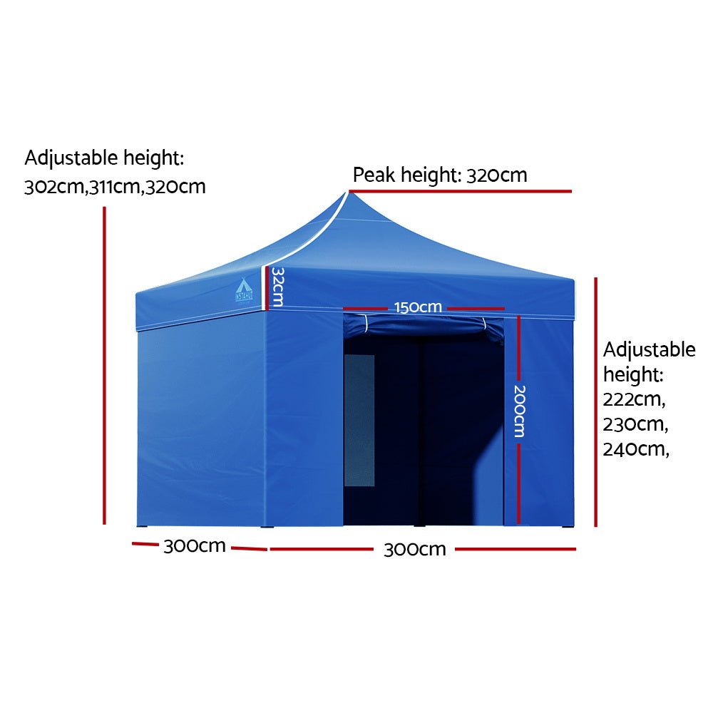 Instahut Gazebo Pop Up Marquee 3x3m Folding Wedding Tent Gazebos Shade Blue - Outdoorium