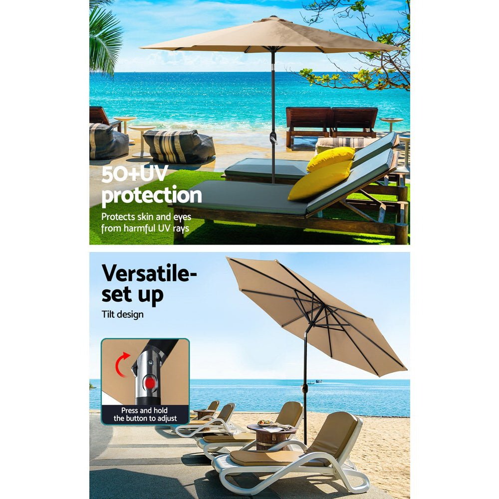 Instahut Outdoor Umbrella 2.7m Base Beach Pole Garden Tilt Sun Patio UV Beige - Outdoorium