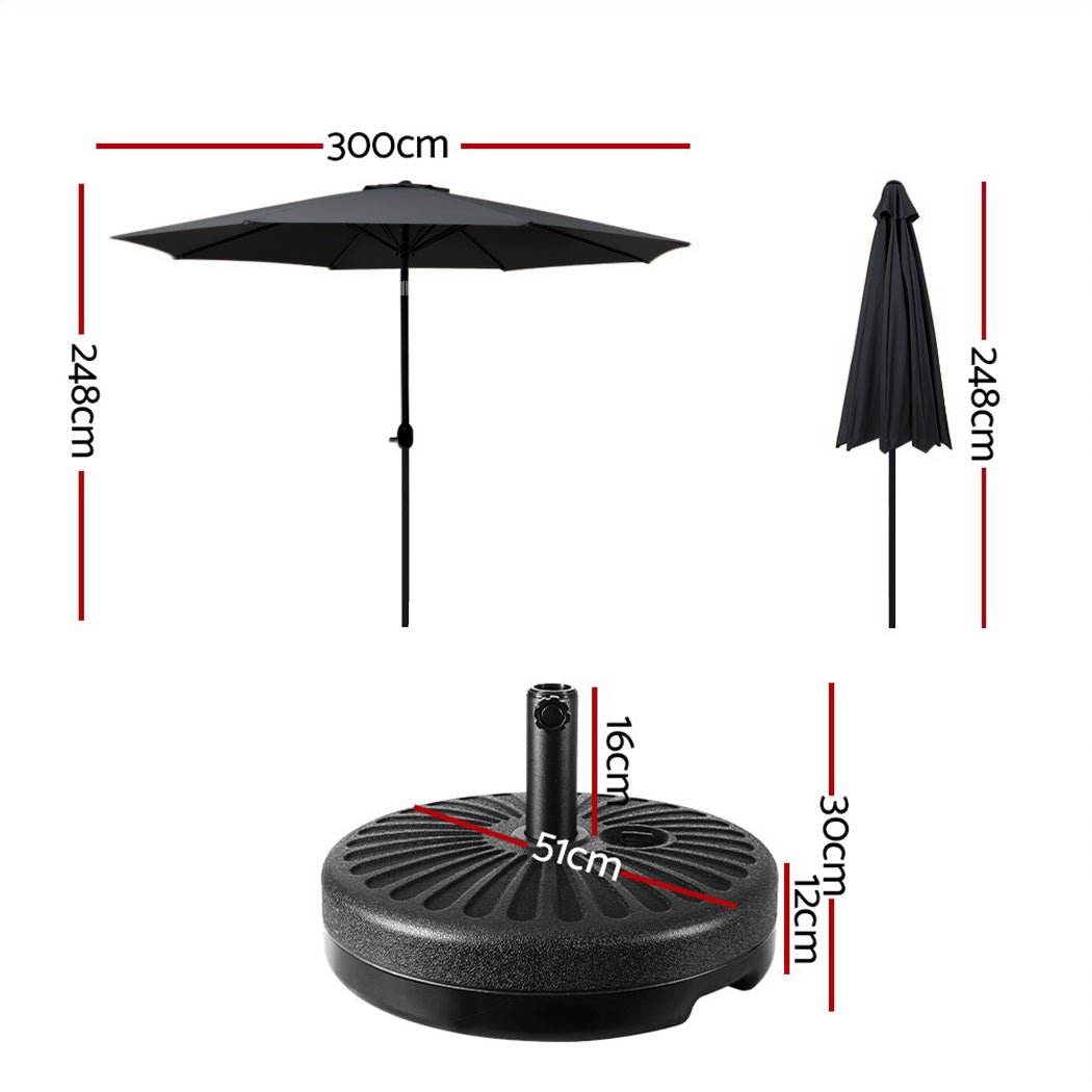 Instahut Outdoor Umbrella 3m Base Beach Pole Garden Tilt Sun Patio UV Black - Outdoorium