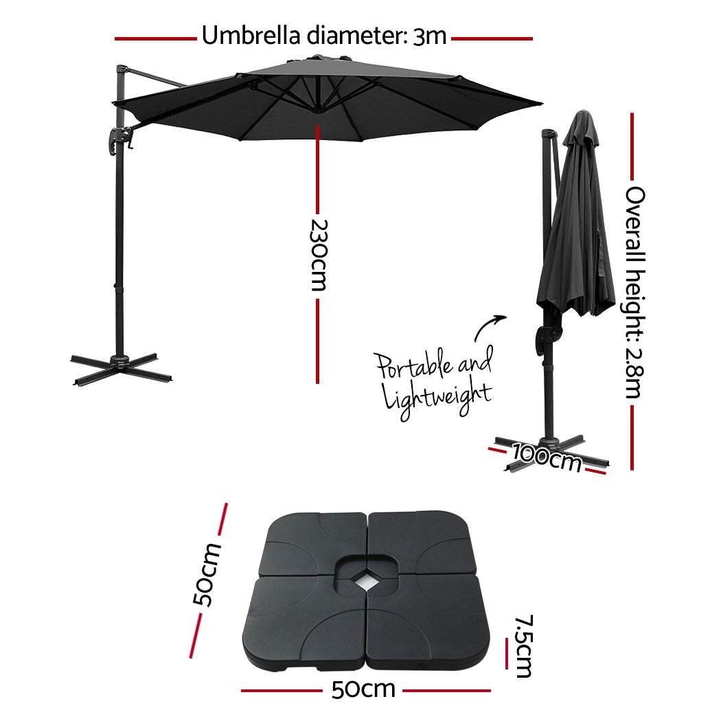 Instahut 3m Outdoor Umbrella w/Base Cantilever Beach Roma 360 Degree Tilt Black - Outdoorium