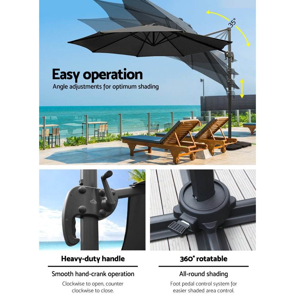 Instahut 3m Outdoor Umbrella w/Base Cantilever Beach Roma 360 Degree Tilt Black - Outdoorium