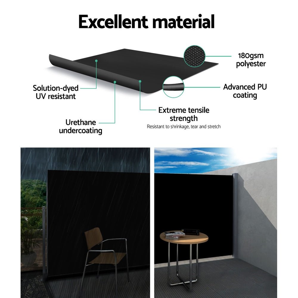 Instahut Retractable Side Awning Shade 2 x 3m - Black - Outdoorium