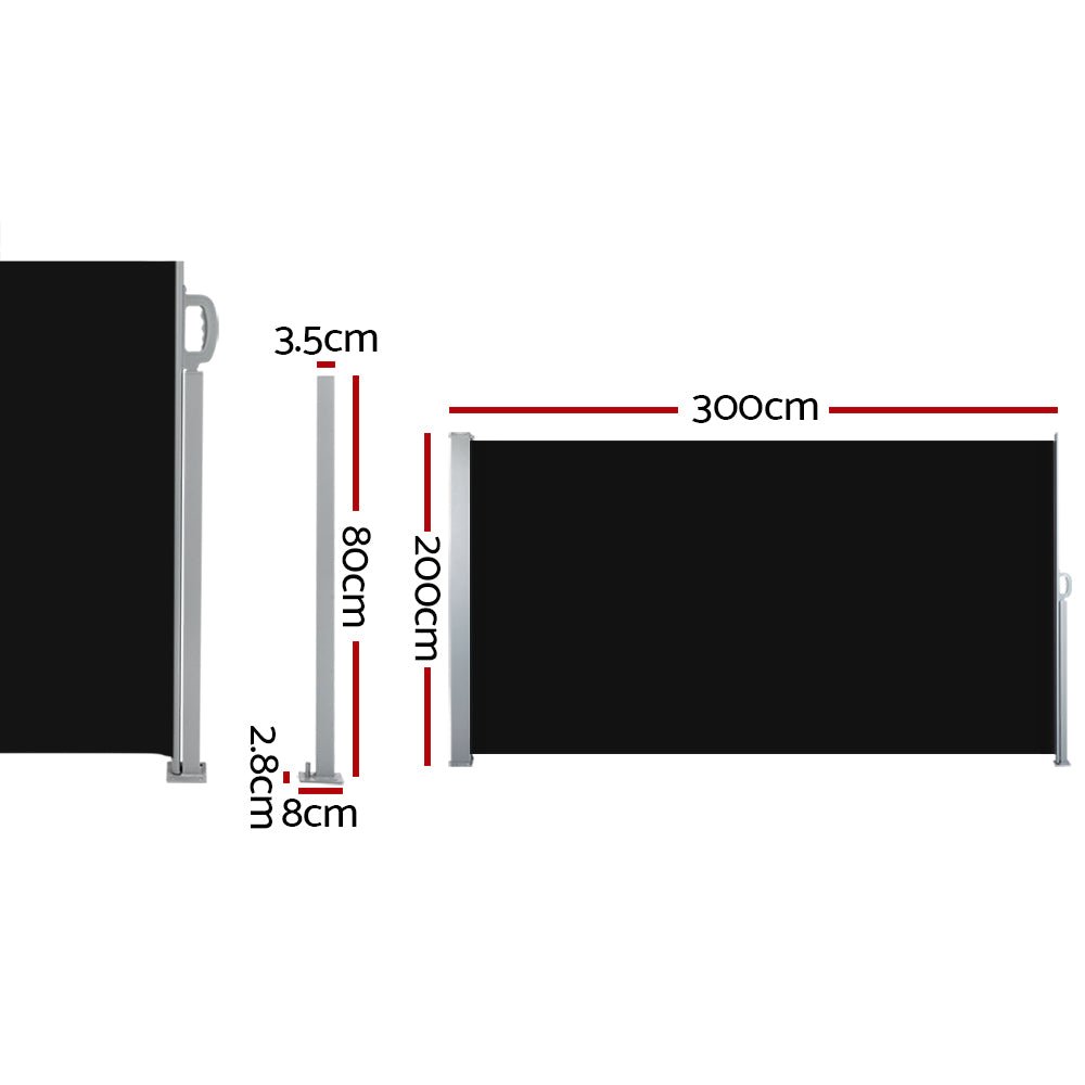 Instahut Retractable Side Awning Shade 2 x 3m - Black - Outdoorium