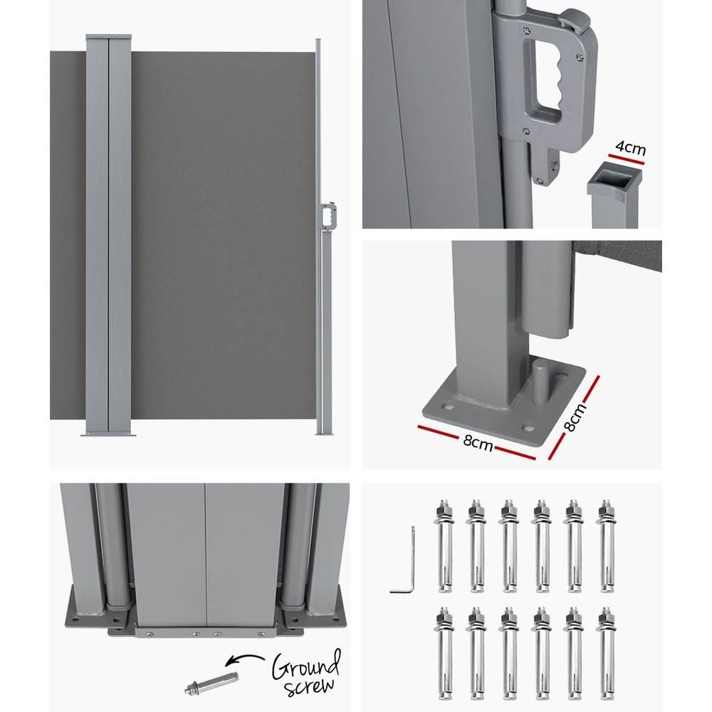 Instahut Side Awning Sun Shade Outdoor Retractable Privacy Screen 2X6M Grey - Outdoorium