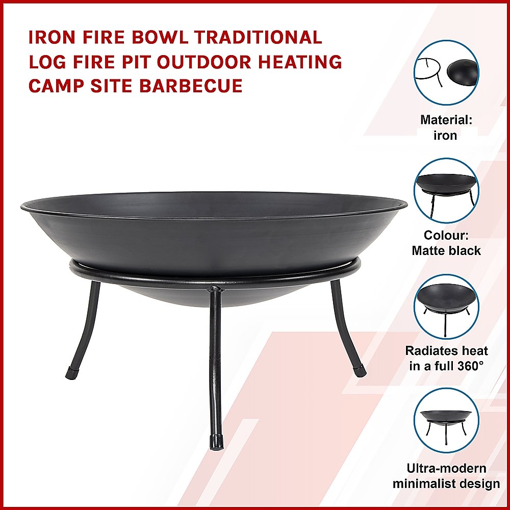 Iron Fire Bowl Traditional Log Fire Pit Outdoor Heating Camp Site Barbecue - Outdoorium
