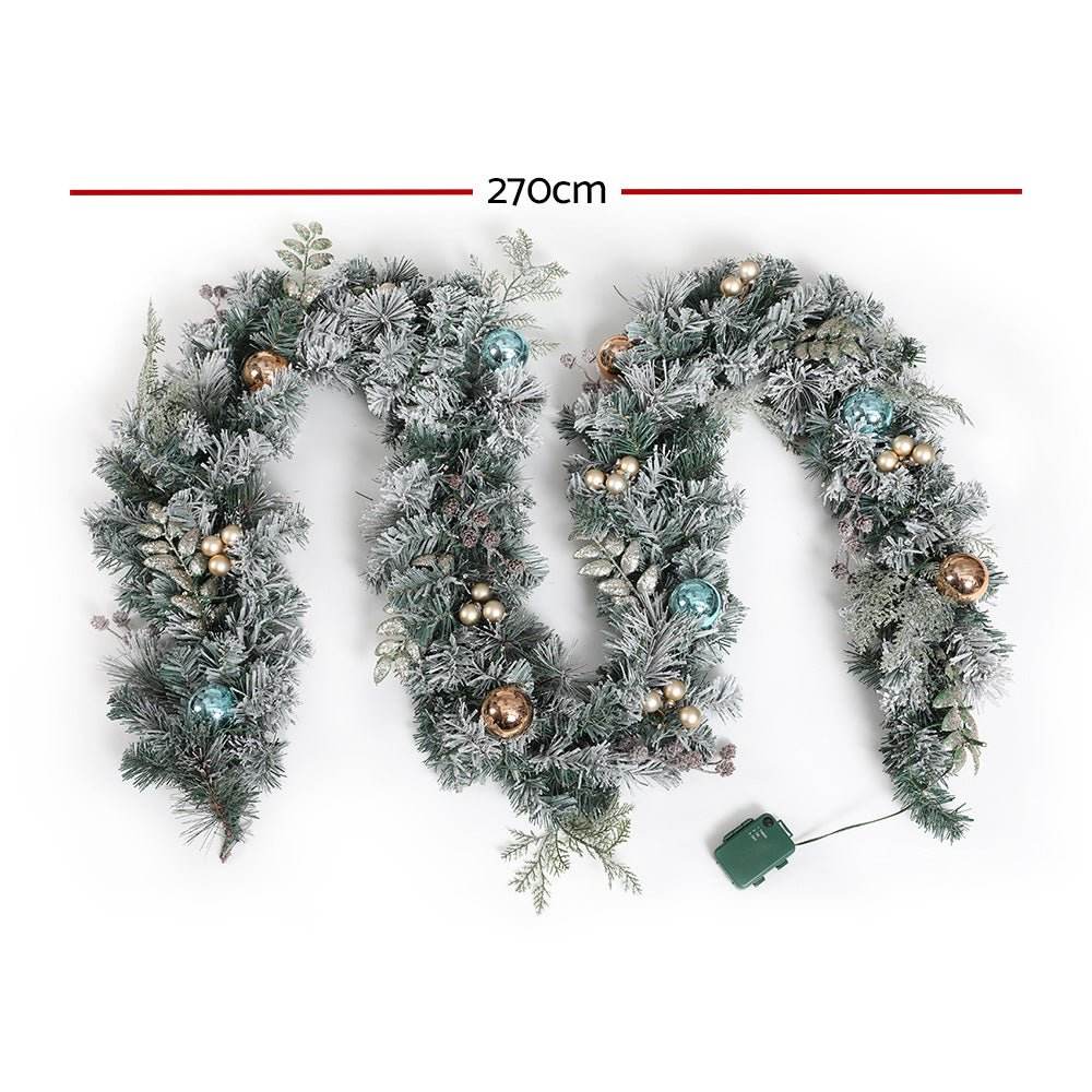 Jingle Jollys 2.7m Christmas Garland with LED Lights Snowy Decoration Xmas Party | Outdoorium