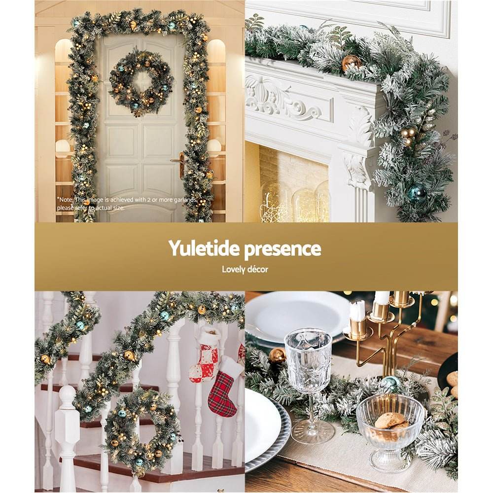 Jingle Jollys 2.7m Christmas Garland with LED Lights Snowy Decoration Xmas Party | Outdoorium