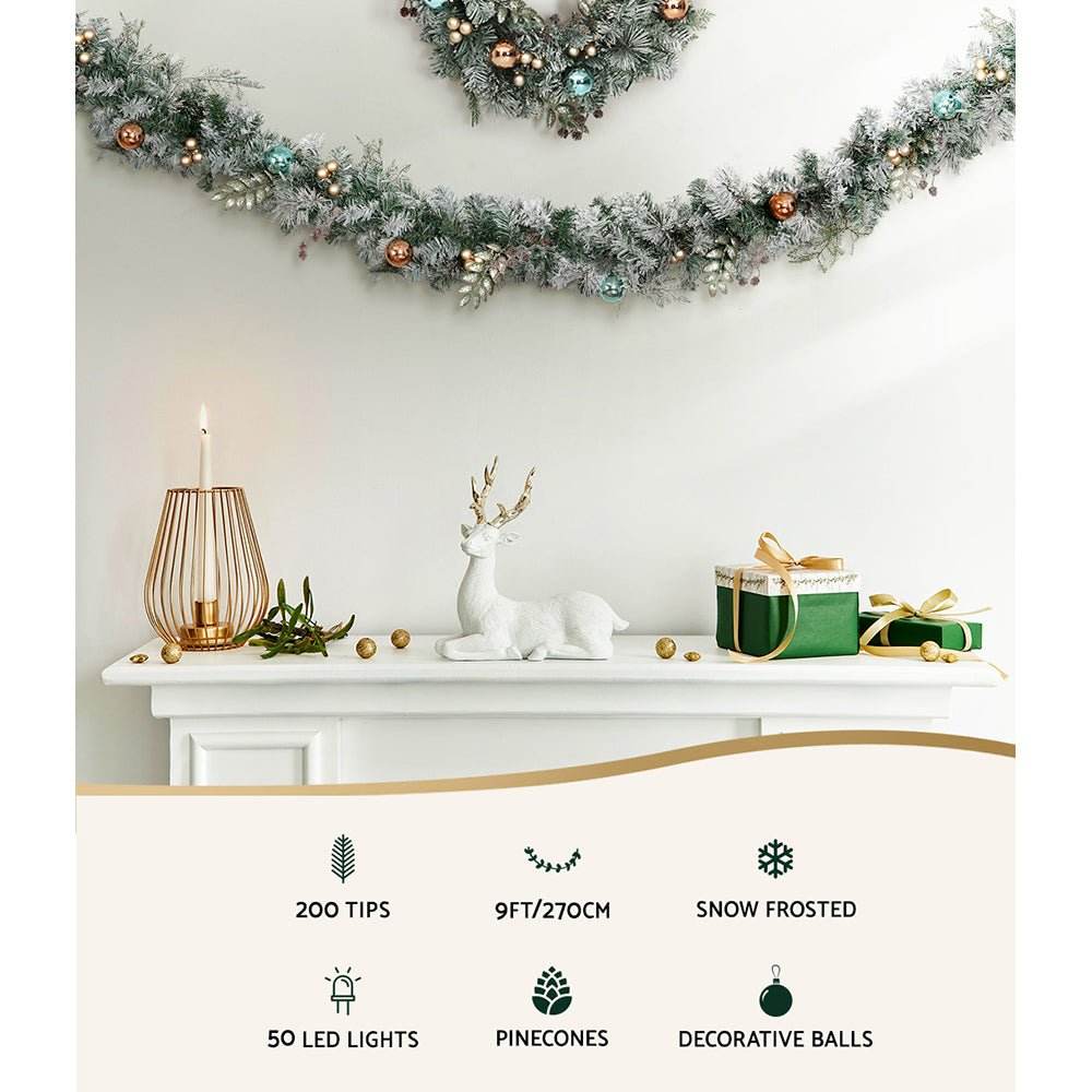 Jingle Jollys 2.7m Christmas Garland with LED Lights Snowy Decoration Xmas Party | Outdoorium