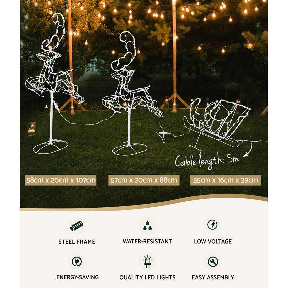 1X Christmas Lights Reindeer Sleigh 120 LED Decorations Jingle Jollys - Outdoorium