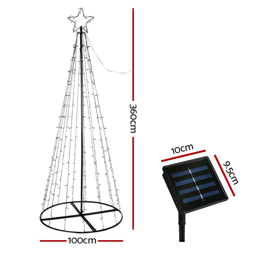 Jingle Jollys Solar Christmas Tree 3.6M LED Xmas Tree 8 Light Modes Warm White - Outdoorium