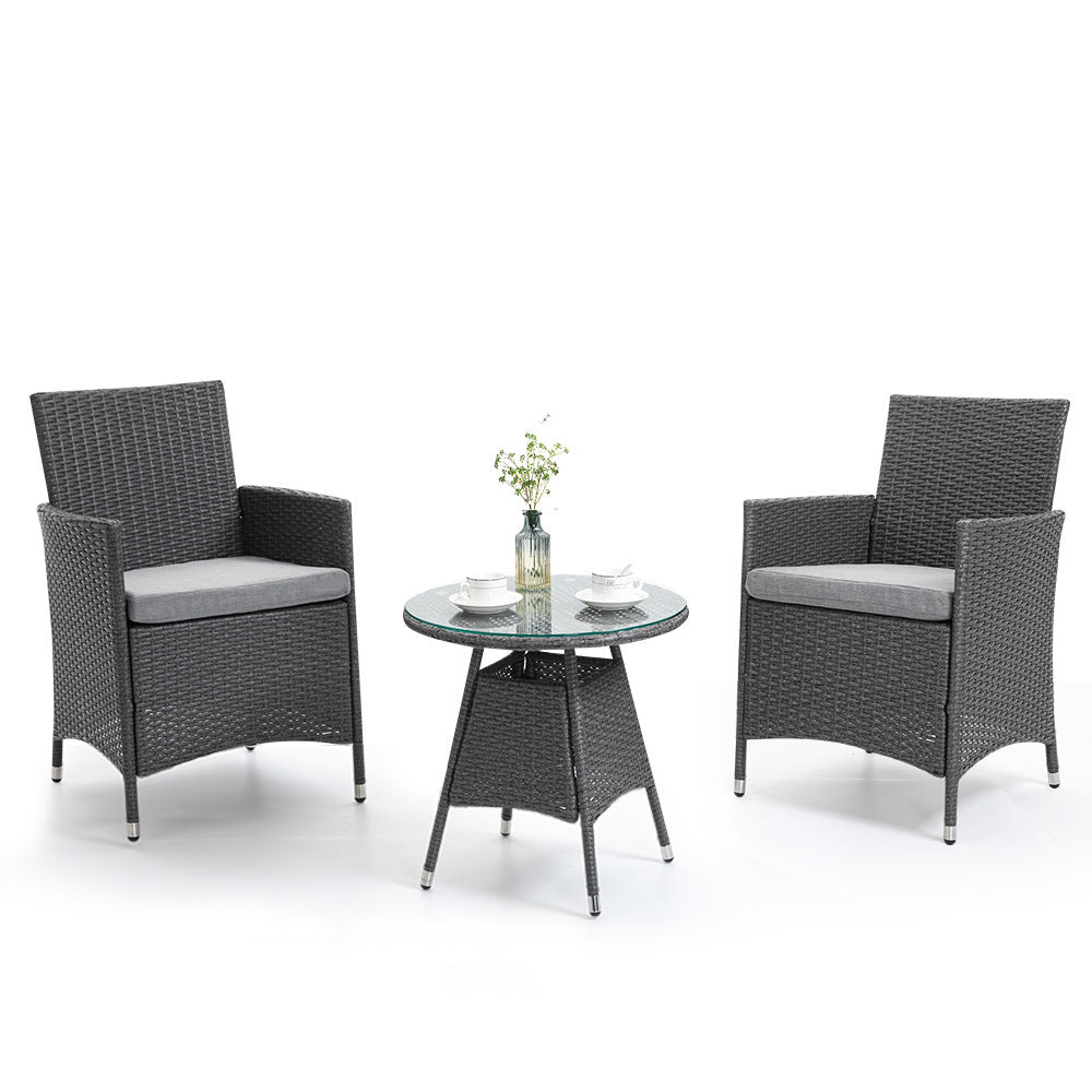 LONDON RATTAN 3 Piece Outdoor Furniture Set with Table and Chairs, Grey - Outdoorium