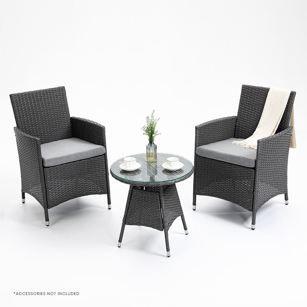 LONDON RATTAN 3 Piece Outdoor Furniture Set with Table and Chairs, Grey - Outdoorium