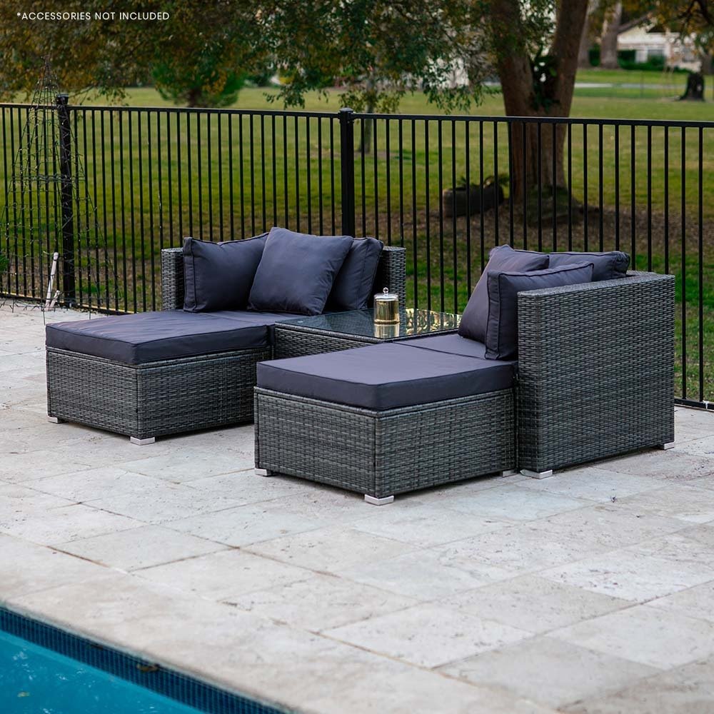 LONDON RATTAN 4 Seater Modular Outdoor Lounge Setting with Coffee Table, Ottomans, Grey - Outdoorium