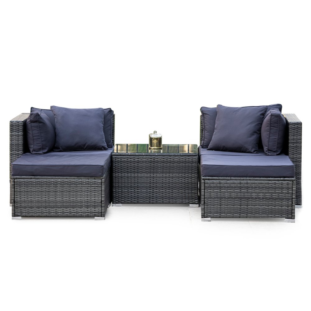 LONDON RATTAN 4 Seater Modular Outdoor Lounge Setting with Coffee Table, Ottomans, Grey - Outdoorium