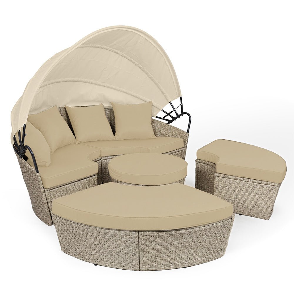 LONDON RATTAN 4pc Day Bed Round Lounge Outdoor Furniture, Beige Wicker and Canopy - Outdoorium