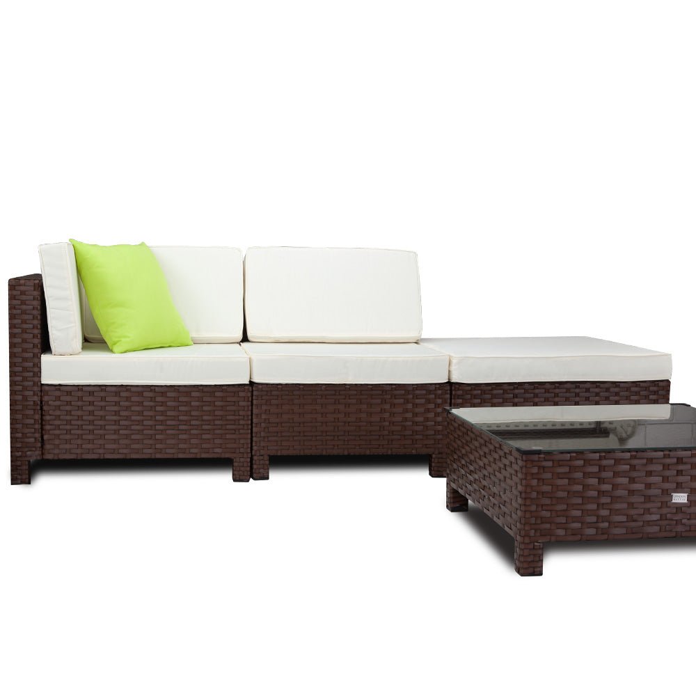 LONDON RATTAN 4pc Outdoor Furniture Setting Lounge Wicker Patio Sofa Set Brown - Outdoorium