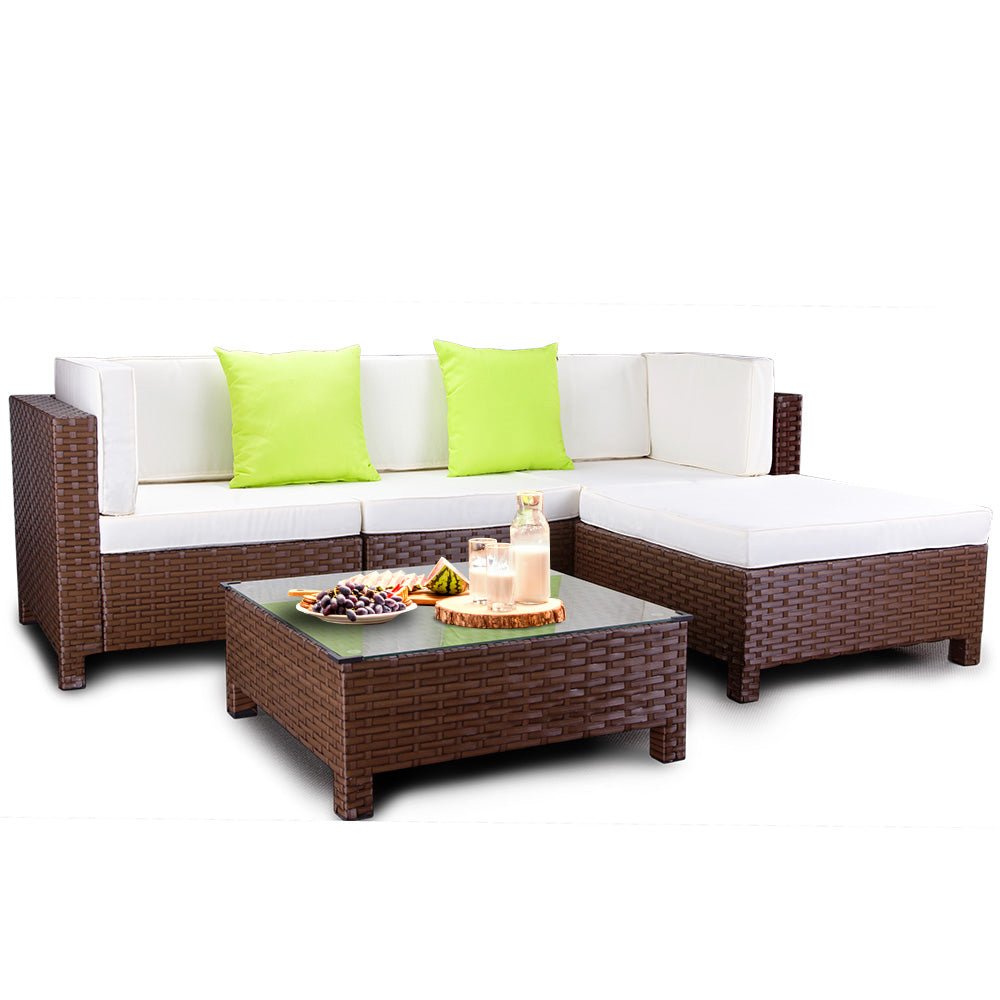 LONDON RATTAN 5pc Outdoor Furniture Setting Lounge Wicker Sofa Set Patio Brown - Outdoorium