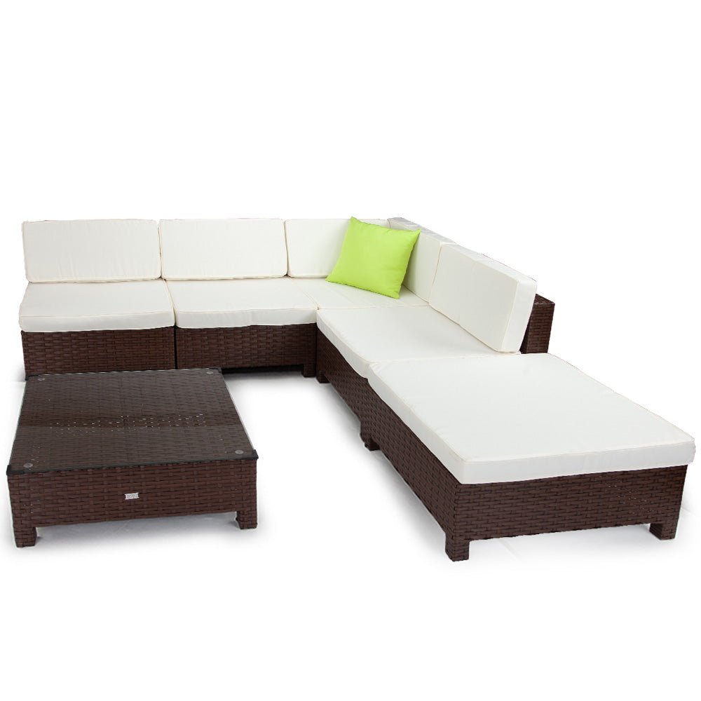 LONDON RATTAN 6pc Outdoor Furniture Setting Wicker Lounge Ottoman Sofa Set Brown - Outdoorium
