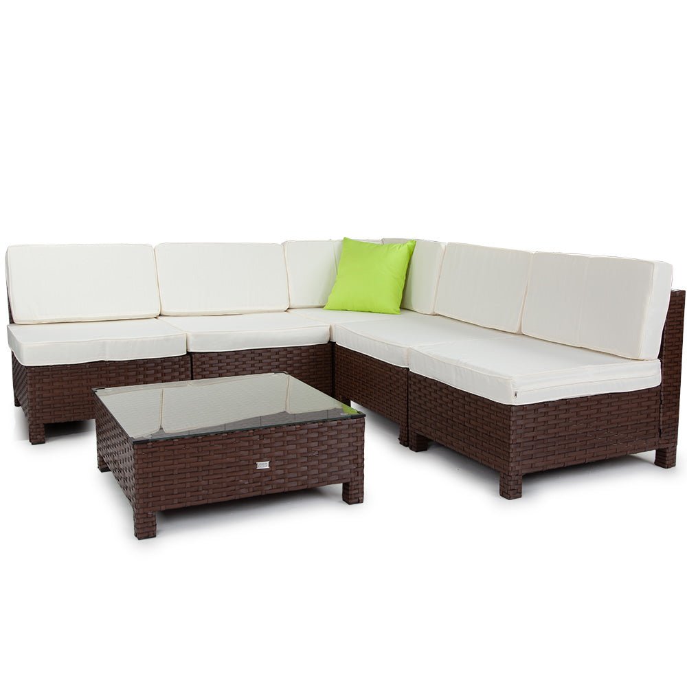 LONDON RATTAN 6pc Outdoor Furniture Setting Wicker Lounge Patio Sofa Set Brown - Outdoorium