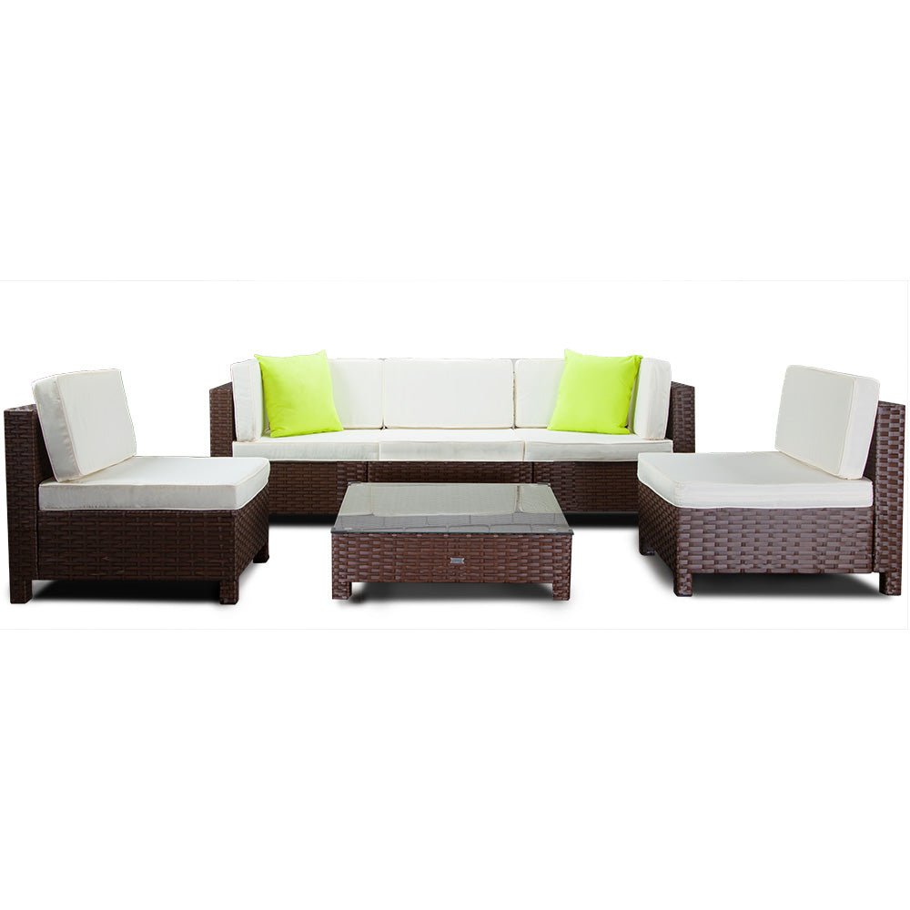 LONDON RATTAN 6pc Outdoor Furniture Setting Wicker Lounge Sofa Set Patio Brown - Outdoorium