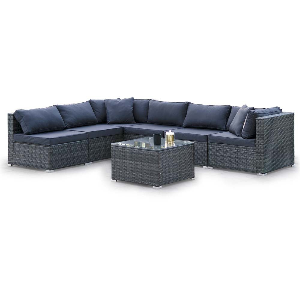 LONDON RATTAN 7 Piece 6 Seater Modular Outdoor Lounge Setting with Coffee Table, Grey - Outdoorium