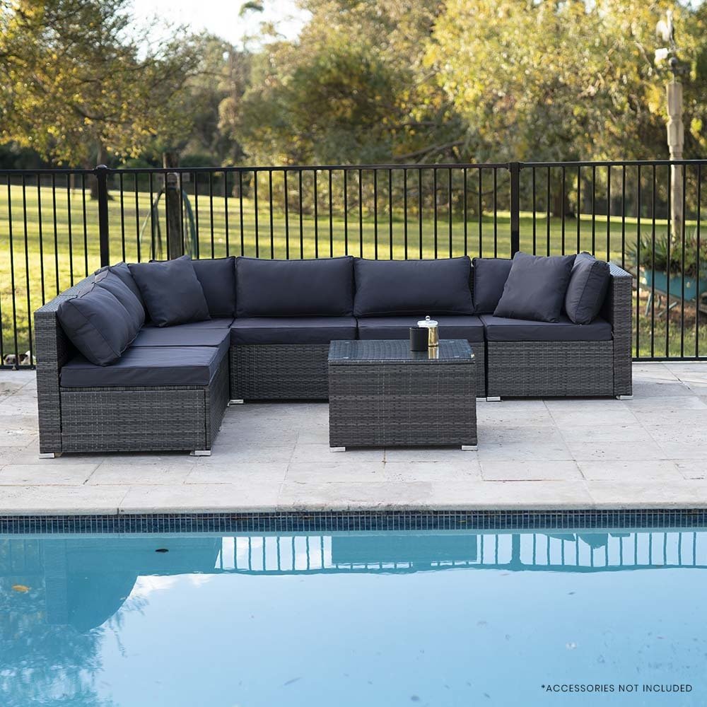 LONDON RATTAN 7 Piece 6 Seater Modular Outdoor Lounge Setting with Coffee Table, Grey - Outdoorium