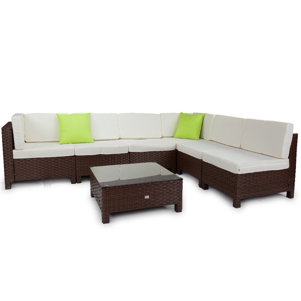 LONDON RATTAN 7pc Outdoor Wicker Lounge Furniture Setting Patio Sofa Set Brown - Outdoorium