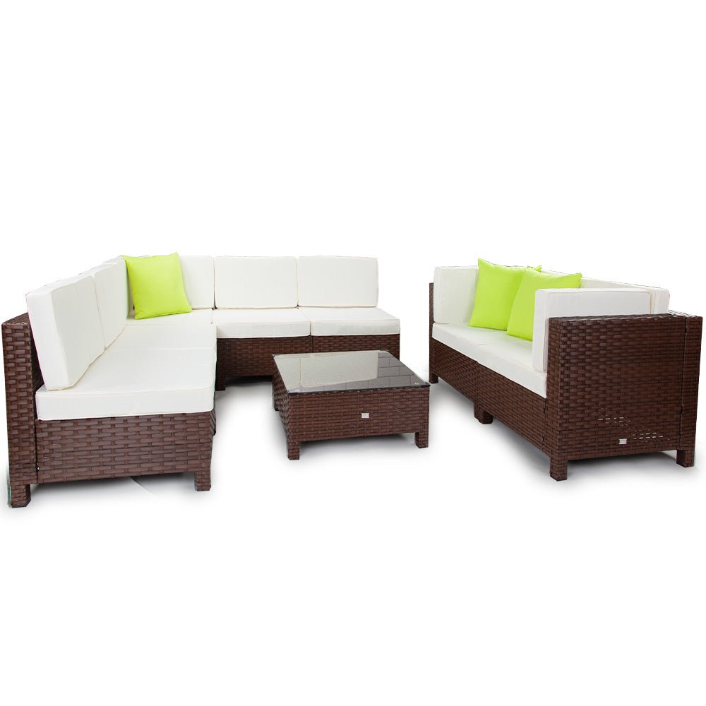 LONDON RATTAN 8pc Outdoor Furniture Setting Lounge Wicker Patio Sofa Set Brown - Outdoorium