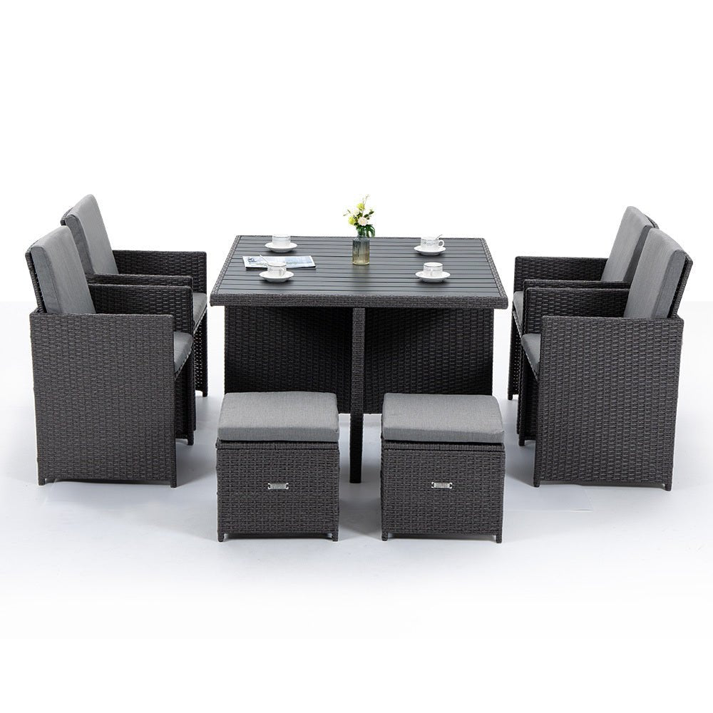 LONDON RATTAN Outdoor Dining Table 9 Piece Furniture Wicker Set, Grey - Outdoorium